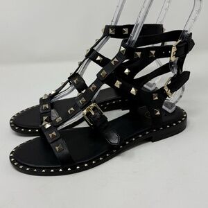 ASH Pacific Studded Leather Gladiator Sandals Black Gold Women's Sz 39 US 8.5